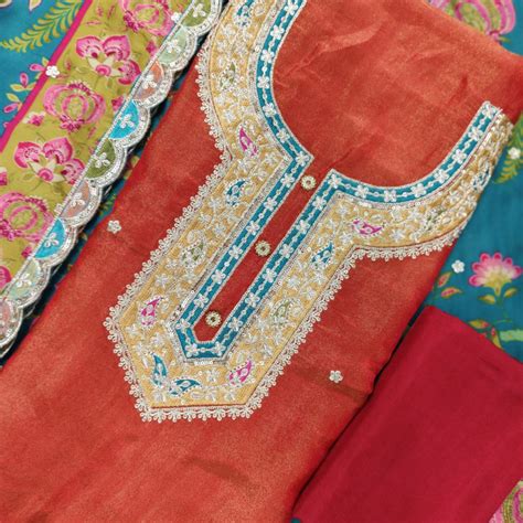 Stunning Red Shimmer Silk Kurta - Heavy Neck Concept With Golden Thread ...