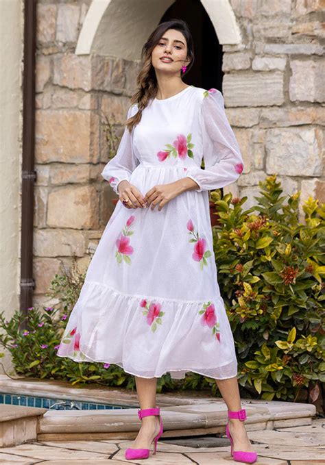 White Kota Checks Digital Print Full Round Flair Kurti with