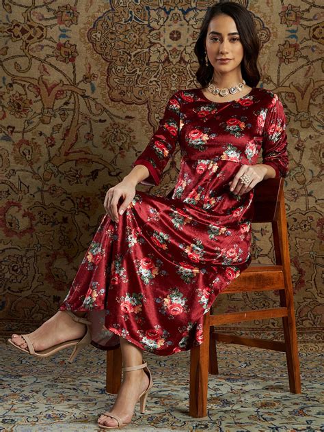 Buy Women Maroon Floral Velvet Printed Anarkali Dress Online at Sassafras