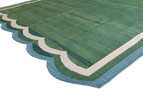 Modern Handmade Cotton Forest Green And Teal Blue Border Scalloped Rug ...