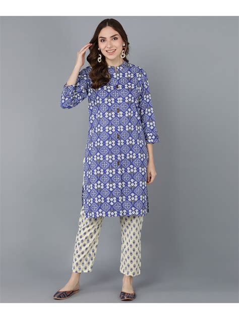 Cotton Printed Straight Kurta Set (Blue) – Trendphoria
