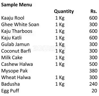 Menu at JRP Sweet & Bakery, Chennai