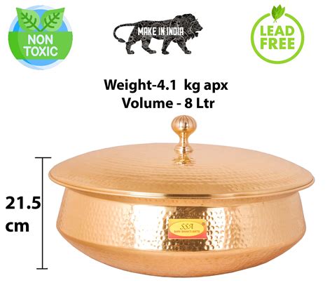 Brass Lagan Handi with Lid Hammered Finish Round, Inside Tin Lining, C ...