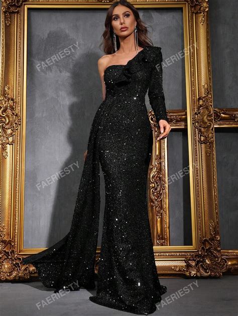 Elegant Asymmetrical Shoulder Evening Gown With Long Sleeves & Ruffle ...