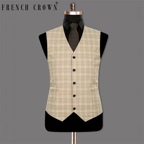 Mongoose Cream Checks-Plaid Premium Wool-Blend Waistcoats For Men