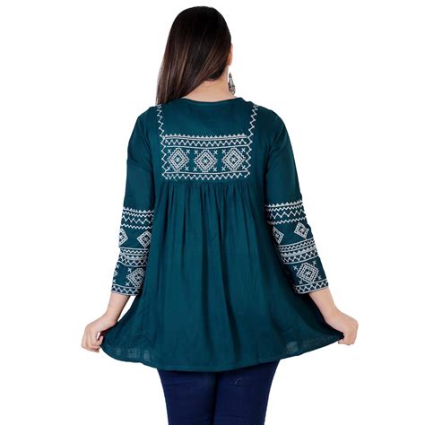 MHAKAY Women's Regular Fit Rayon Slub Embroidered Top (MHAKAY OFWHITE ...