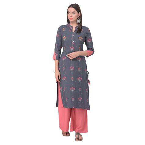 Buy Fabholic Women Rayon Straight Kurti Palazzo Set (7021_GrayPeach_XL ...