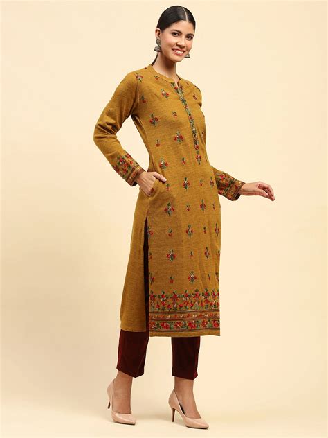 Mustard Woolen Thread Embroidered Notch Neck Kurta – Glob...