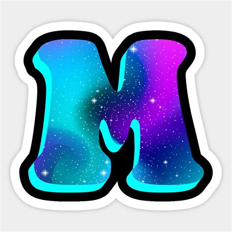 the letter m is made up of blue and purple colors with stars in the background
