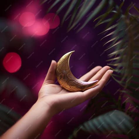 Premium AI Image | Metallic crescent moon in the palm of a hand islamic ...