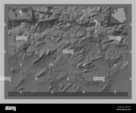 Constantine, province of Algeria. Grayscale elevation map with lakes and rivers. Corner ...