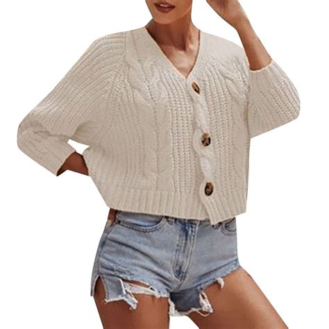 NIUREDLTD Cropped Cardigans Women's Solid Color Button Sweater Knit ...