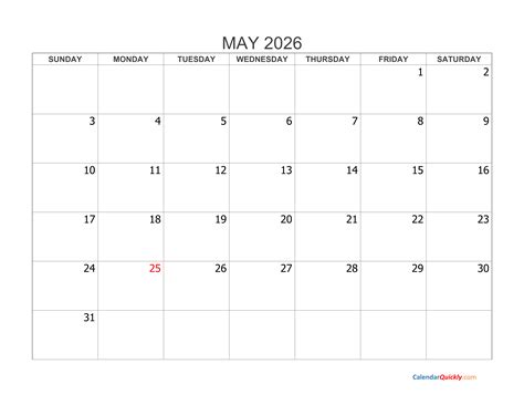 Blank Calendar May 2026 Printable