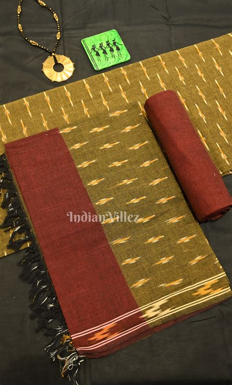 Mehendi Green Maroon Pochampally Ikat Cotton Unstitched Suit Sets ...