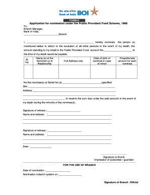 Fillable Online PPF Form E Application for Nomination - Bank Of India ...