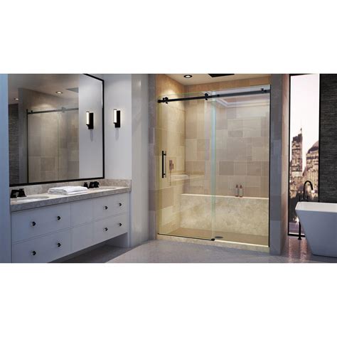Enigma Air Satin Black Frameless Sliding Shower Door | Floor and Decor