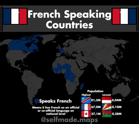 Map of French Speaking Countries in Black and White with Blue, Red, and ...