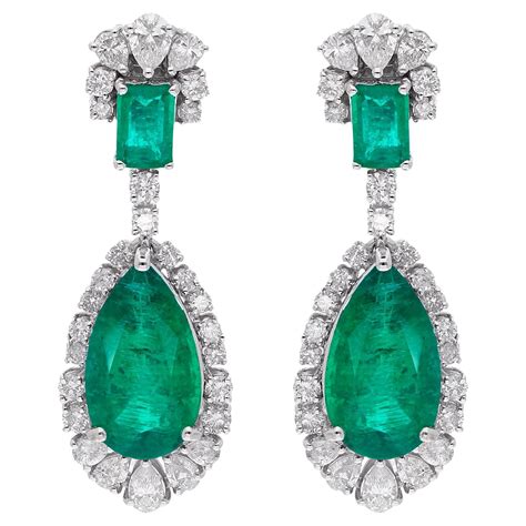 Natural Emerald Gemstone Dangle Earrings Diamond 18 Karat White Gold ...