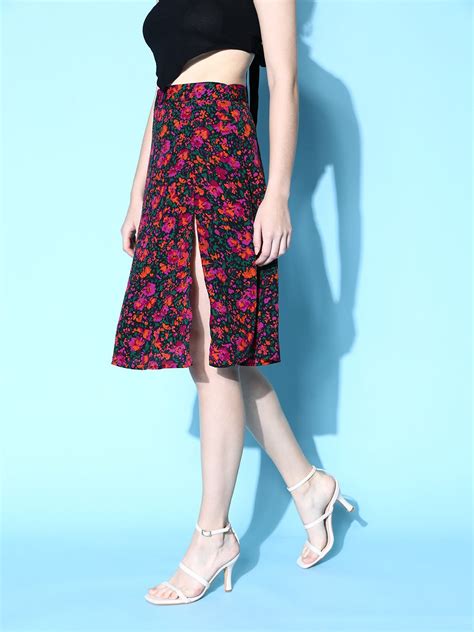 Women Black & Pink Floral Printed Thigh-High Slit Flared A-Line Midi ...