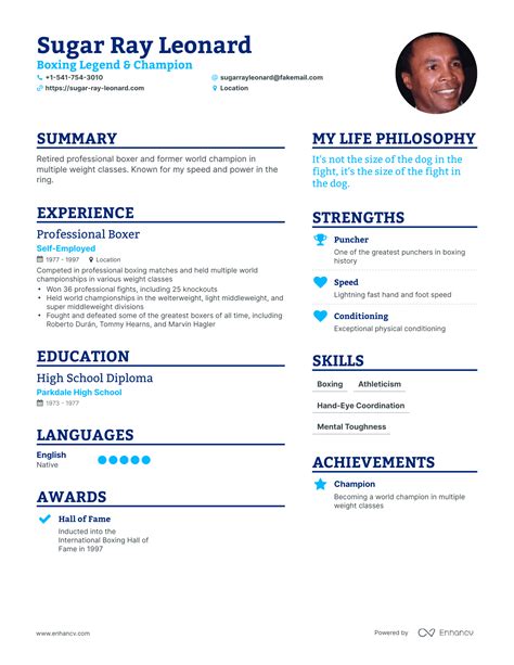 Sugar Ray Leonard's Resume Example - ChatGPT Famous Resumes