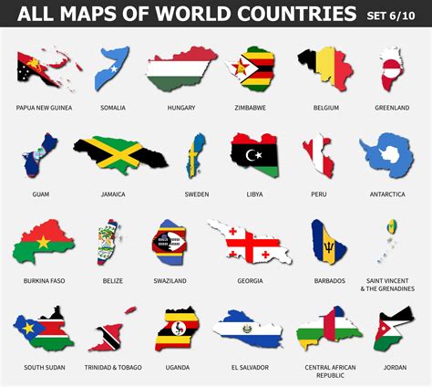 All maps of world countries and flags . Set 6 of 10 . Collection of outline shape of ...