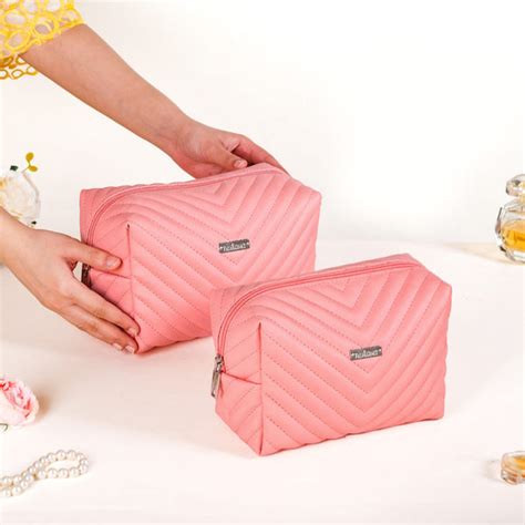 Peach Pink Vegan Leather Makeup Pouch Set Of 2 Online - Premium Vanity ...
