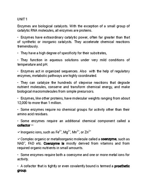 UNIT 1 - UNIT 1 Enzymes are biological catalysts. With the exception of ...