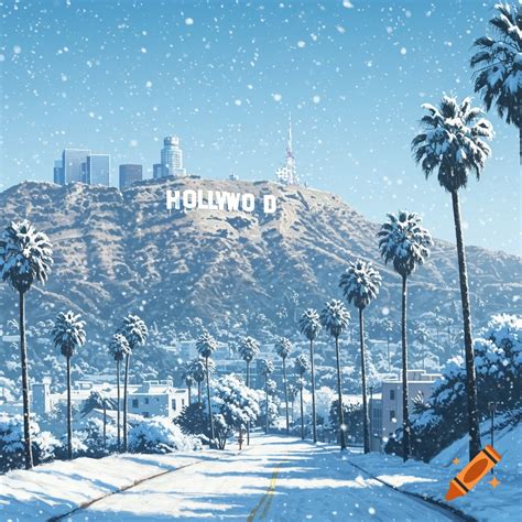 A snow-covered Hollywood sign on a hillside with palm trees lining a ...