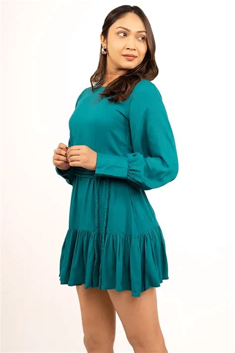 Buy teal blue dress with bishop sleeves for women online at Zlaata