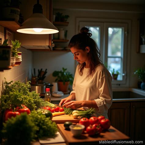 Persona cocinando en cocina luminosa | Stable Diffusion Online