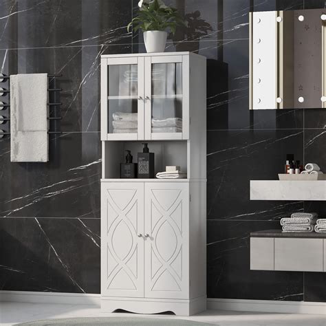 Tall Bathroom Storage Cabinet, Freestanding Floor Cabinet with Glass ...
