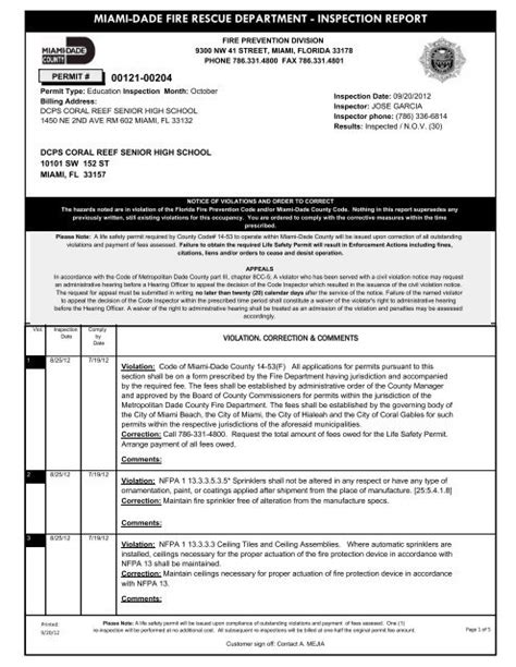 miami-dade fire rescue department - inspection report - Coral Reef ...
