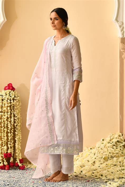 Buy Purple Kurta Muslin , Pant Cotton And Adah Floral Embroidered Set ...