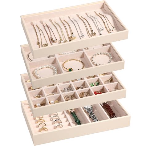 Amazon.com: LANDICI Stackable Jewelry Organizer Trays 4 Set,PU Leather Jewelry Organizer Drawer ...