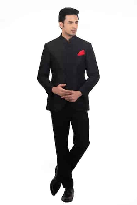 Buy Black Raw Silk Solid Bandhgala And Pant Set For Men by Sankalan ...