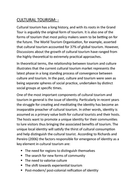 Cultural Tourism Answer - CULTURAL TOURISM: - Cultural tourism has a ...