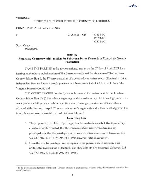 Order Regarding Commonwealth's motion for Subpoena Duces Tecum & Compel ...