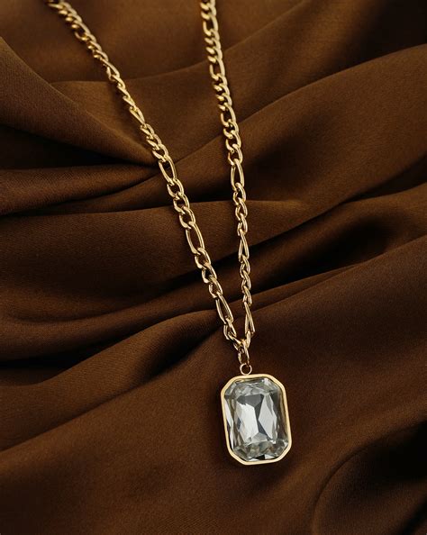 18kt Gold Plated Stainless Steel Square Crystal Pendant and Chain ...