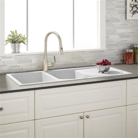 46" Tansi Double-Bowl Drop-In Sink with Drain Board - Cloud White ...
