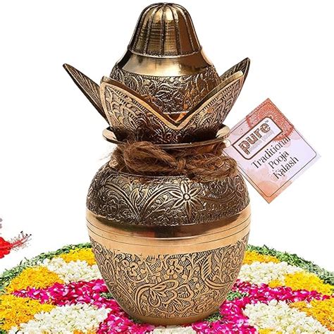 Pure Source Brass Kalash with Leafs & Coconut Showpiece Ideal for Pooja ...