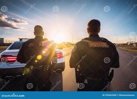 Police Officers Shot from Behind in the Setting Light. Stock ...