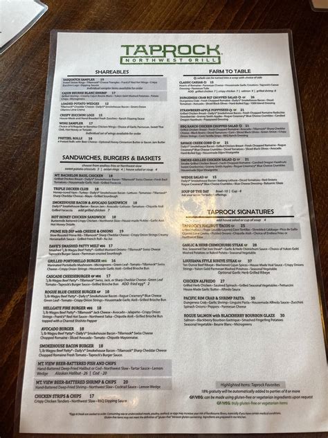 Menu at Cartwrights Taprock Northwest Grill restaurant, Grants Pass