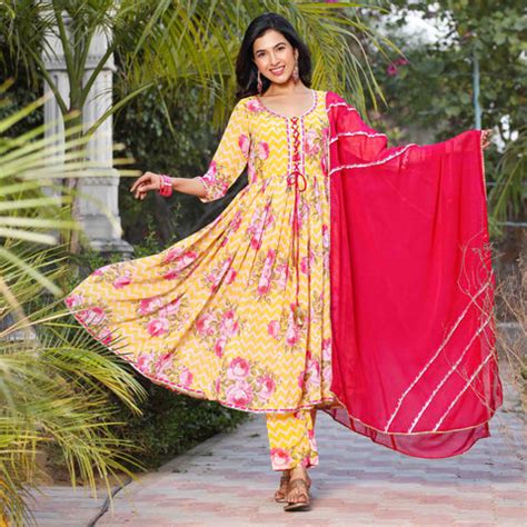 Gulaab Yellow Floral Printed Georgette Anarkali Suit Set – ASHEERA