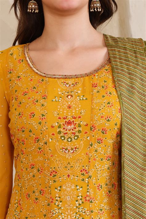 Buy Yellow Floral Printed Hand Work Straight Georgette Kurta, Tight and ...