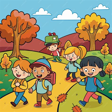 Premium Vector | A cartoon illustration of children walking in a park ...