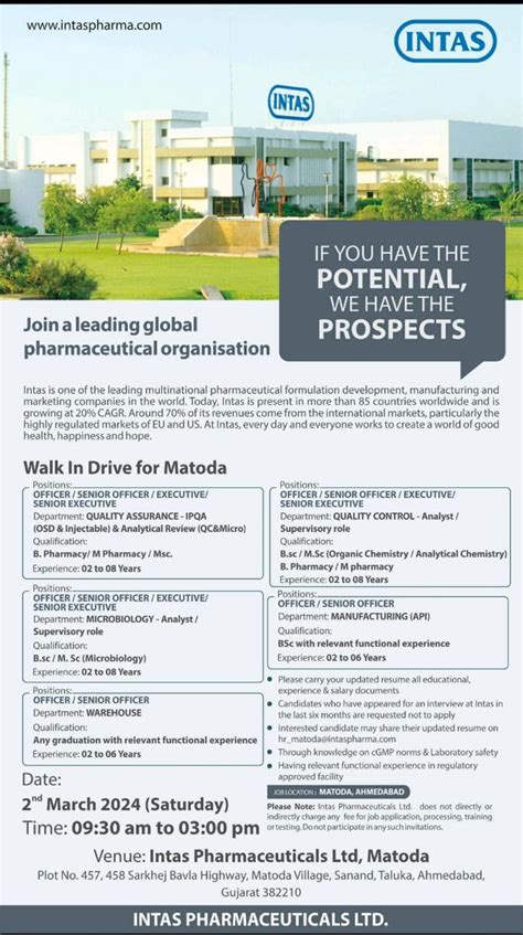 Intas Pharmaceutical Ltd Gujarat interview in 02nd march 2024 jobs for ...