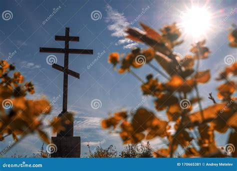 Large Orthodox Cross Against the Blue Sky Silhouette View from Stock ...