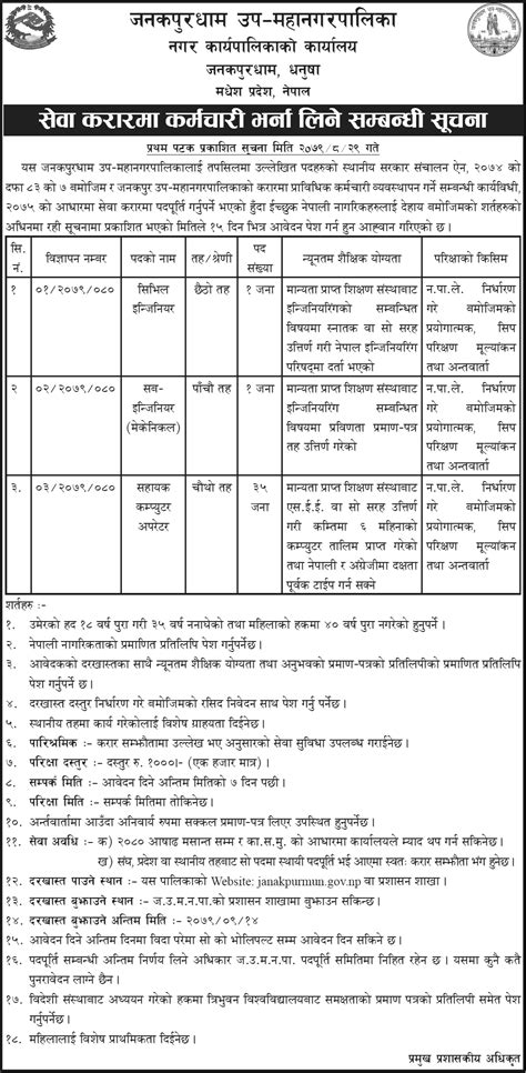 Janakpurdham Sub-Metropolitan City Vacancy for Engineer, Sub Engineer, Assistant Computer Operator