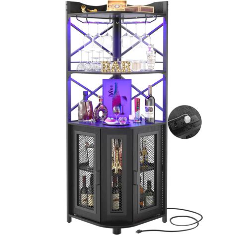 Buy Aheus Corner Bar Cabinet with Power Outlet, Industrial Wine Cabinet ...