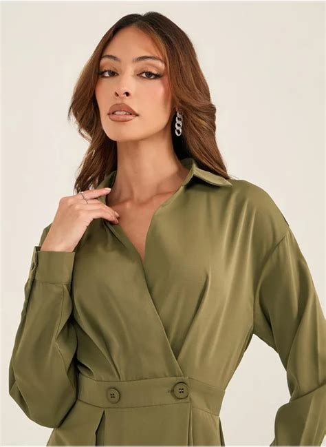 Styli Styli Solid Pleated Wrap Shirt Midi Dress with Buttons Detail for ...
